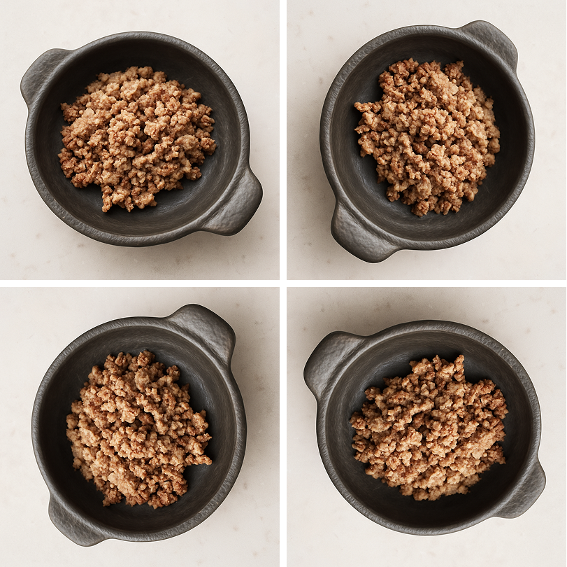 Top-down view of four black bowls each containing browned cooked ground meat, arranged in a 2x2 grid on a light surface.